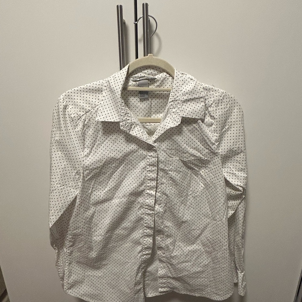 H&M White Button-Down Shirt with Black Dot Print